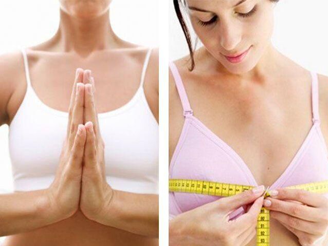 A girl measures the volume of her breasts after training.